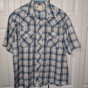 Rustler Western Men’s Blue Plaid Short-Sleeve Shirt Snap-button #405